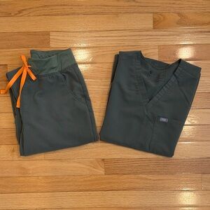 Figs Dark Green Scrub Set with Bright Orange Tie
